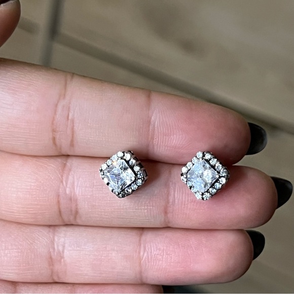 Princess Cut CZ Diamond Square Halo Studs Dainty Small Earrings Jewelry Accessor - Picture 8 of 16